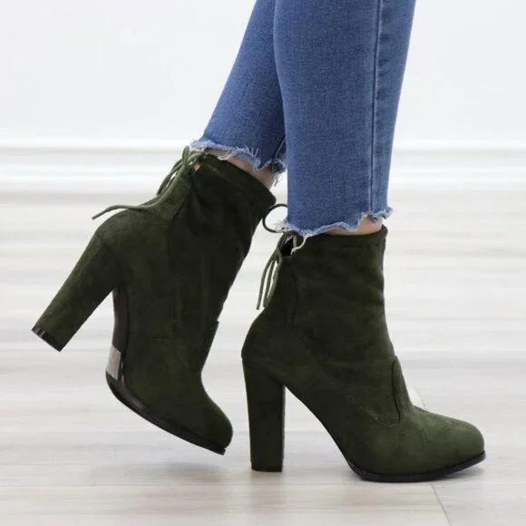 Ankle Heeled Boots High Block Heel Round Toe Olive Green Faux Suede High Shaft - Picture 13 of 15